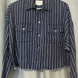 American Eagle Outfitters Soft Cropped Blouse Small Button-up Striped Denim Blue